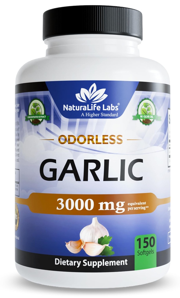 NaturaLife Labs Bezūdens Ķiploki – 3000 mg ekvivalents uz vienu apkalpo – 150 Softgels – Koncentrēts Ķiploku sīpolu ekstrakts ar organisko augstākā labuma olīveļļu – bez GMO, bez lipekļa