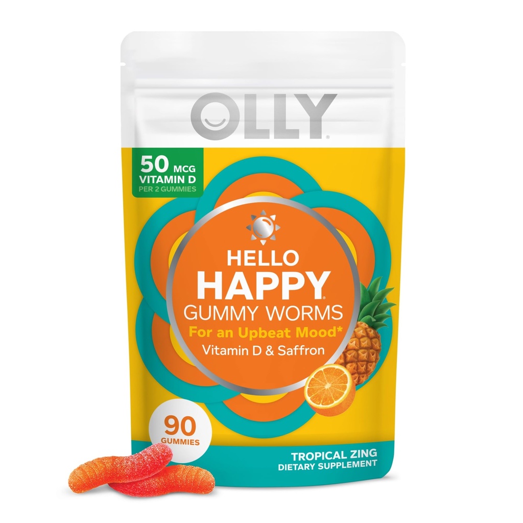 OLLY Hello Happy Gummy Sorms, Mood Balance atbalsts, vitamīns D, Saffron, Pieaugušo košļājamās Papildinājums, bez lipekļa, tropu Zing - 90 Skaits