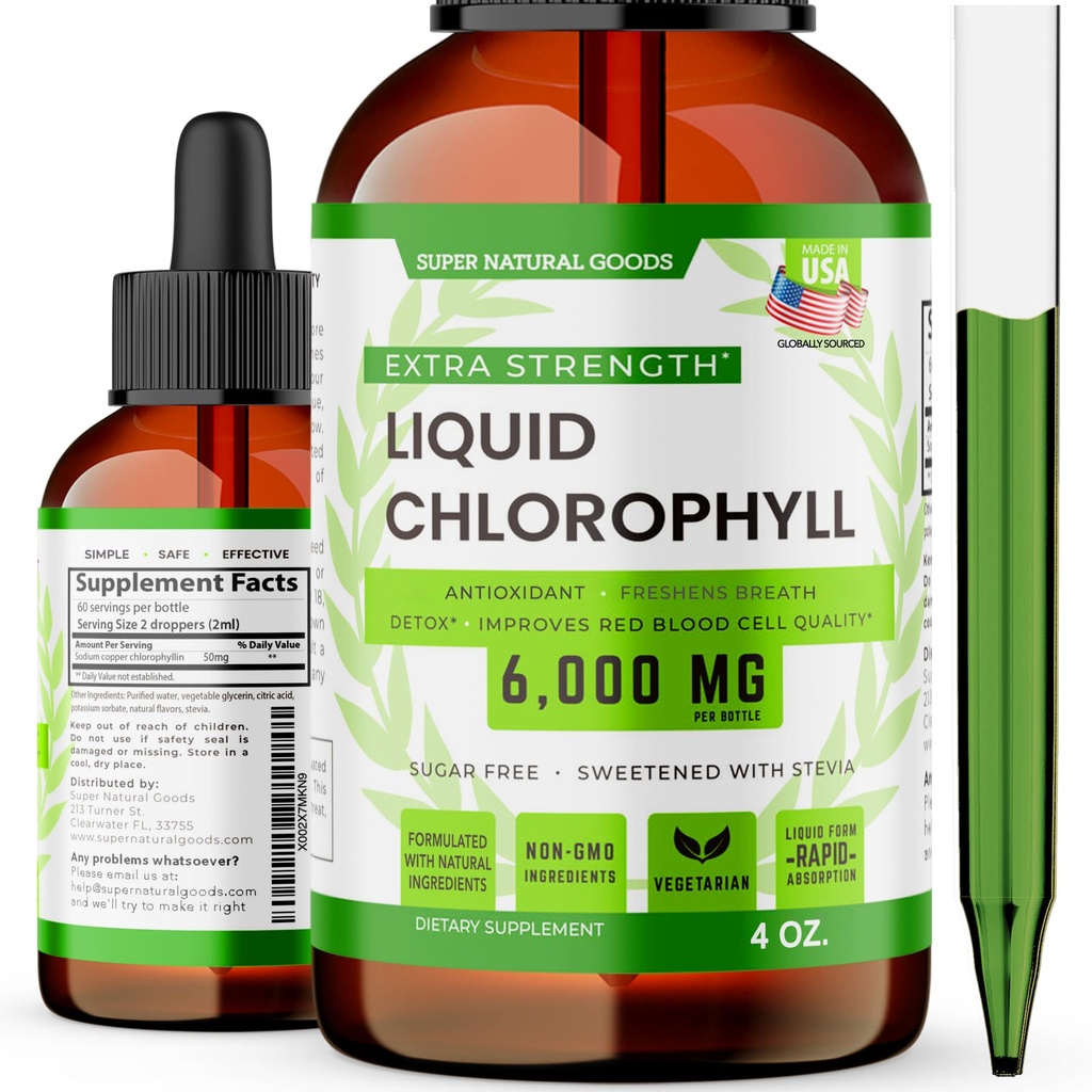 Hlorofila šķidruma pilieni (1500 MG) - Imūnsupporta papildinājums enerģijai, Focus & Wellness Boost, Detox tīrīšanai, ādas veselībai un zarnu veselībai - ne-GMO un Vegan (4oz)