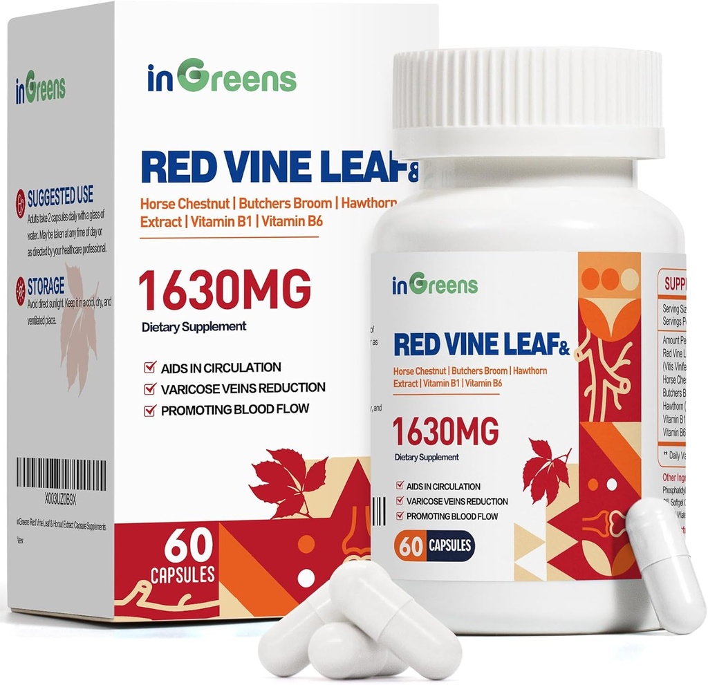 Red Vine Leaf ekstrakts 1630mg ar Zirgu kastaņu, Buther s slotu, Hawthorn Papildinājums varikozas veiniem, Kāja, Cirkulācija, Sirds, Ādas, Atbalsts sirds veselībai, Ražots ASV, 60 Kapsulas