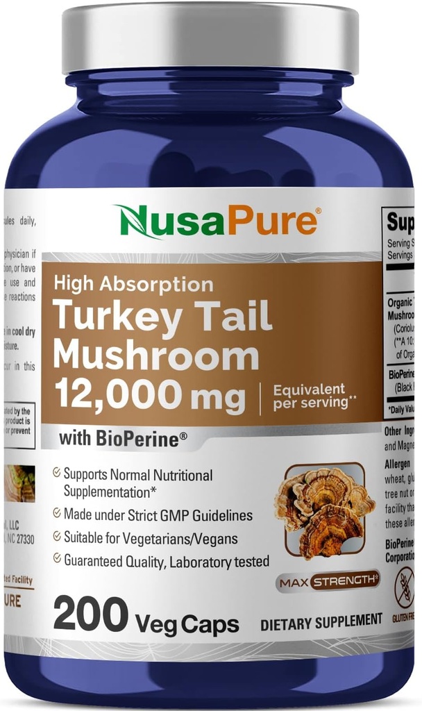 NusaPure Turkey Astes sēņu kapsulas, 10:1 Ekstrakts, 1200 mg Ekvivalents 12 000 mg, 200 Vkaps, bez GMO, bez lipekļa, bioperīns