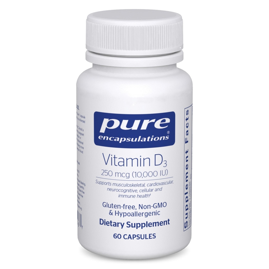 Tīra iekapsulācija D3 vitamīns 250 μg (10 000 SV) - Papildinājums balsta kaulu, locītavu, krūts, sirds, resnās zarnas un imūnās sistēmas veselībai - ar Premium vitamīnu D - 60 kapsulas