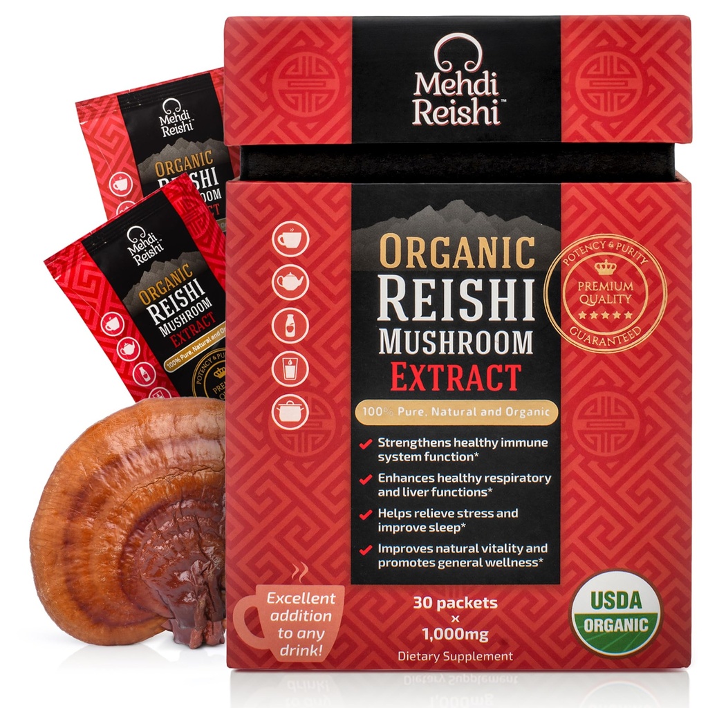 Organic Reishi Sēņu ekstrakts Fruiting-Body Powder 35% Beta Glucan – 100% Pure, Premium un Organic –30 Servings – Ganoderma Lucidum, Lingzhi, Tea