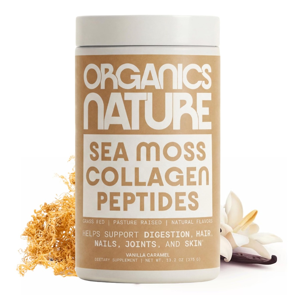 ORGANICS NATURE Kolagēna peptīdi Pulveris ar Irish Sea Moss Vanilla Karamel Flavored   - Dabiski Sourced Hidrolizēts kolagēns w / Biotīns matiem, āda, nagu, un locītavu atbalsts 30 Servē 380 gr