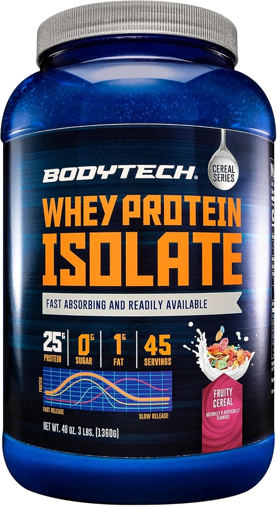 BODYTECH Sūkalu proteīna izolāta pulveris - augļu graudaugi (3 lbs./46 Kalpo)