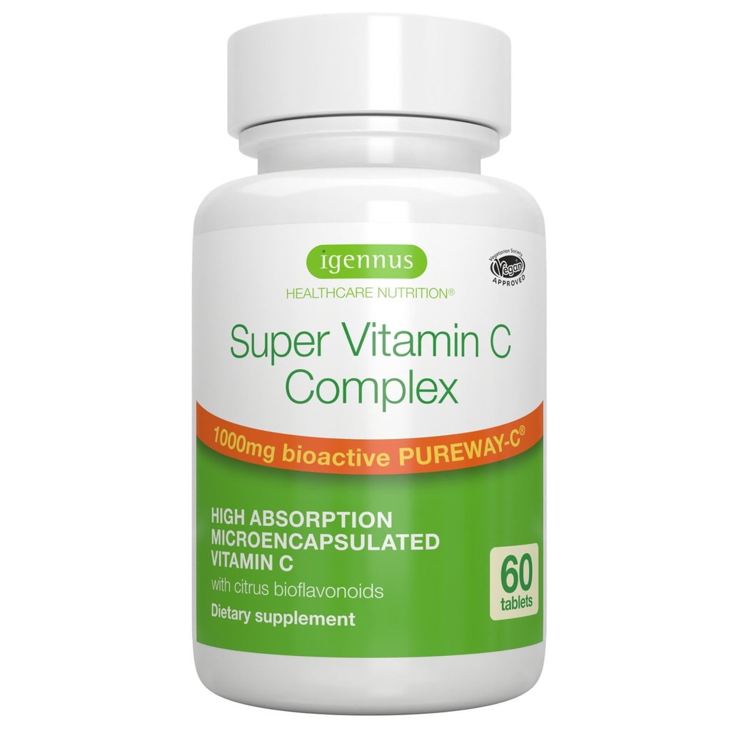Igennus High Absorbcija Super C vitamīns, tīra etiķete Tīrs Tīrs tīrs C 1000mg, Vegan C vitamīns ar Bioflavonoids, 60 Servings, 24-Hour darbība, Imūnās veselības, enerģija, sirds un smadzeņu