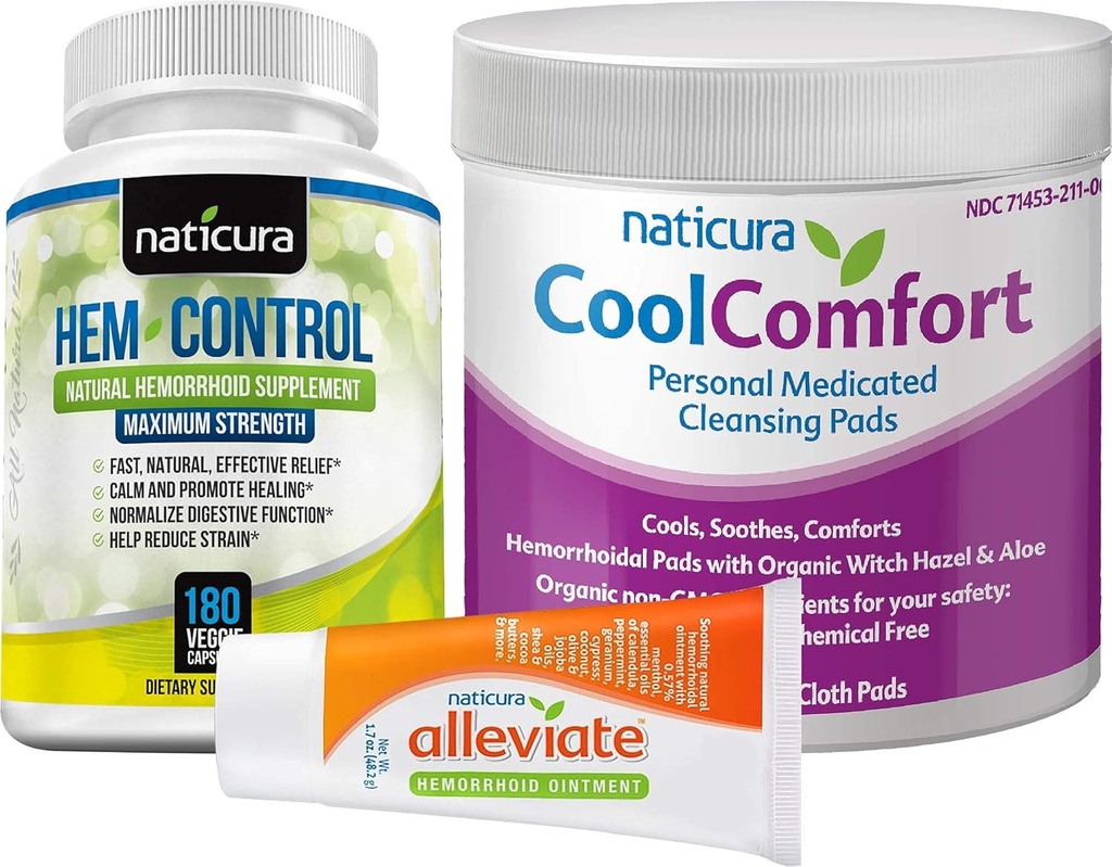 Bundle - mazināt dabas hemorrhoid Relief Ziede, Hem-Control Natural Hemorrhoid Papildinājums (180 grāfs), un CoolComfort Personal Cleansing Pads (100 grāfs) - All-Natural, Fast Action