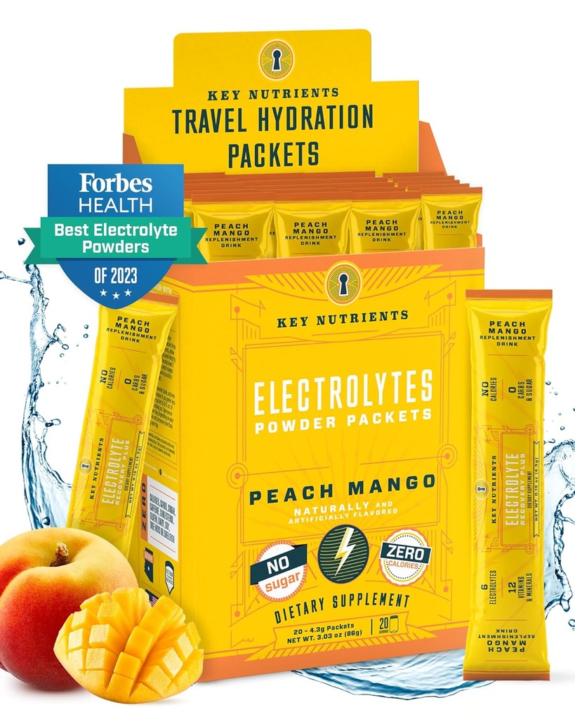 KEY NUTRIENTS Elektrolītu pūdera paketes - Tropu persiku Mango 20 Pack Hidrēšanas paketes - Travel Hydration Powder - Nav cukura, Nav kaloriju, bez lipekļa - Ražots ASV