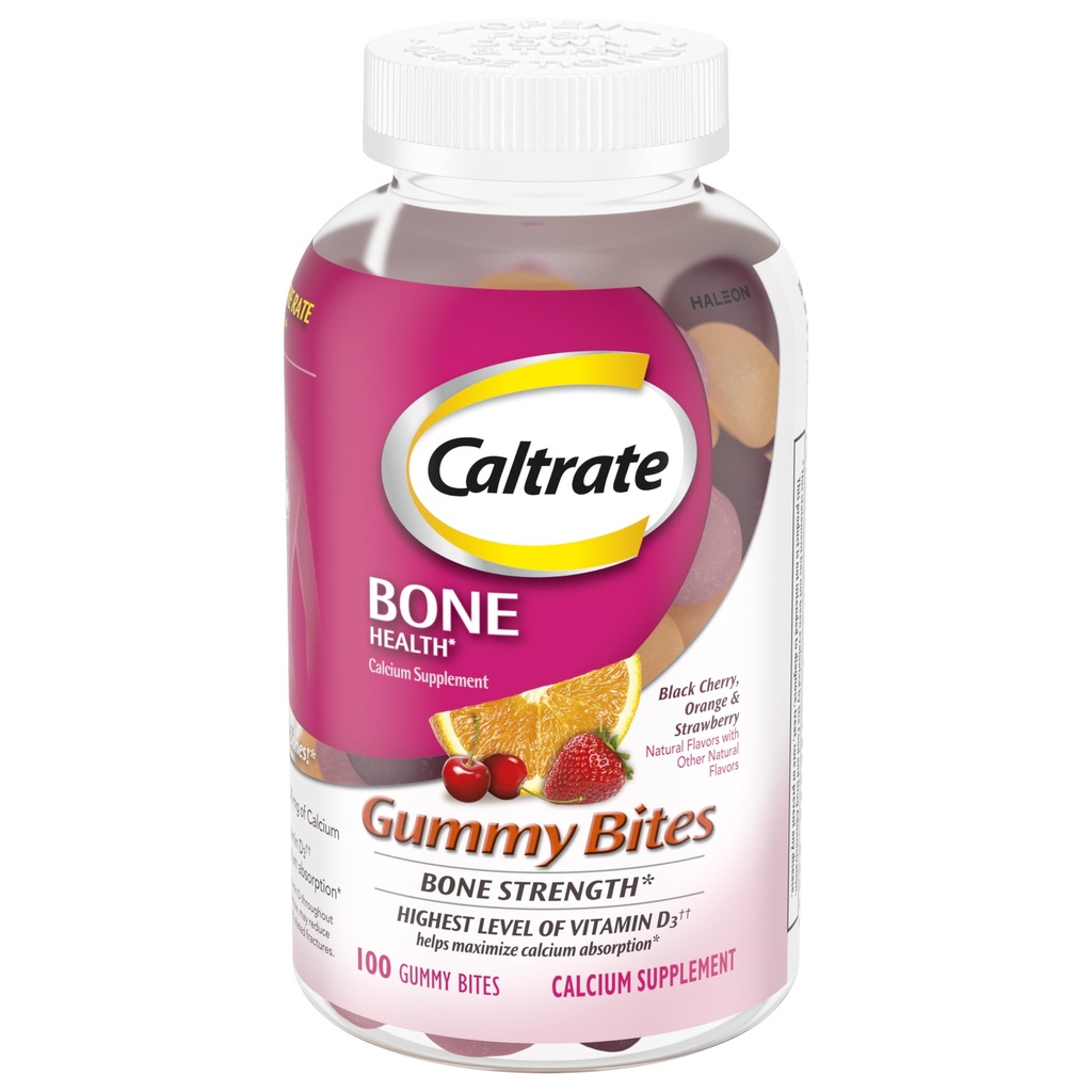Kaltrate Gummy Bites 500 mg kalcija un D vitamīna piedevas, Black Cherry, zemeņu, Orange - 100 Skaits