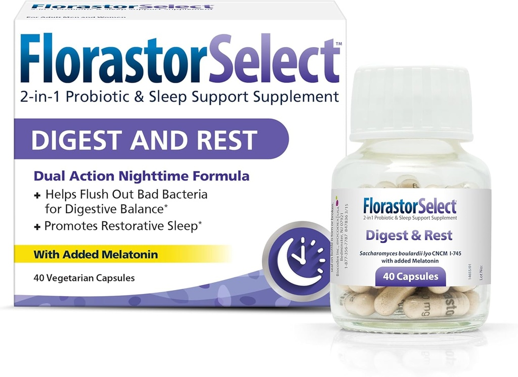 Florastor Probiotic Digest and Rest, Saccharomyces Boulardii Probiotikas ar Melatonīnu (4 mg), Dabīgs Miega atbalsts + Gremošanas atbalsts, 40 kapsulas