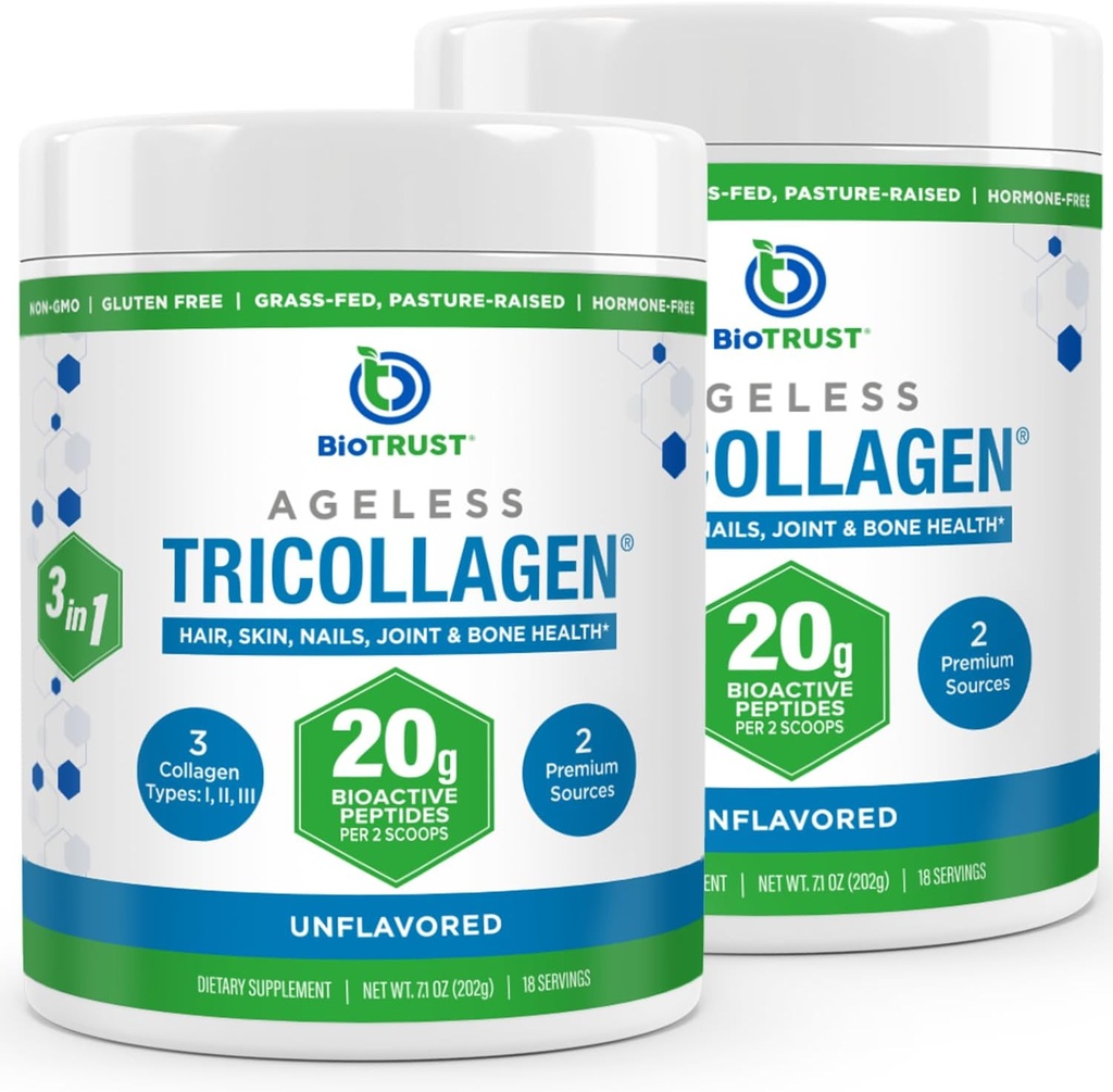 BioTrust Tri Collagen Pulveris - 3-in-1 Hidrolizēts kolagēna peptīdu pulveris (I, II, & III tips) - Zāles feda kolagēna proteīna pulveris pretnovecošanās, ādas, matu, kaulu un locītavu veselībai - Neapslimots, 2-paka