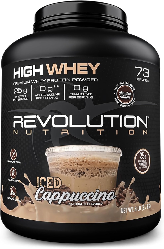 Revolution Nutrition, High Whey, Protein Powder 6LB, Whey Isolate, nesatur lipekli, Lean Muskuļu masa vīriešiem un sievietēm, 25g proteīna Per Scoop, 2,7kg, 73 Kalpo (Iced Cappuccino, 6 Pound)
