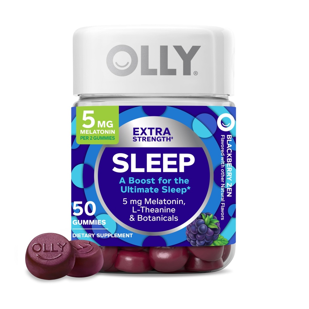 OLLY Extra Strength Miega Gummy, 5 mg Melatonīns, L-Teanīns, kumelītes, citrona balzams, miega palīglīdzeklis, BlackBerry - 50 grāfs