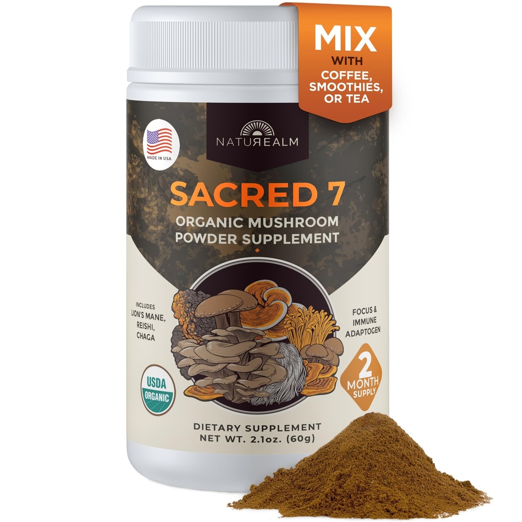 Naturealm svētais 7 Organic Sēnes Papildinājums – 100% Augļķermeņa ekstrakts Pulveris ar Lions Mane, Reishi, Chaga & More ” Nootropais un imūnais atbalsts kafijai, tējai, gludumiem – 60 Kalpo