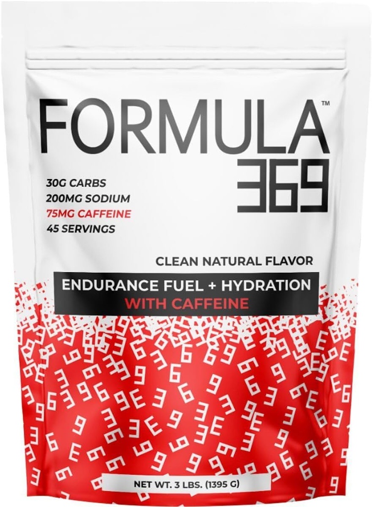 Formula 369 ar kofeīnu, izturības degvielas maisījums, 3 mārciņa soma ar 45 Servējumiem, 30g ogļhidrātiem un 75mg kofeīna uz vienu apkalpo, augsts carb maisījums ar 1:1 attiecība glikozes uz fruktozi, Vegan, bez glutēna