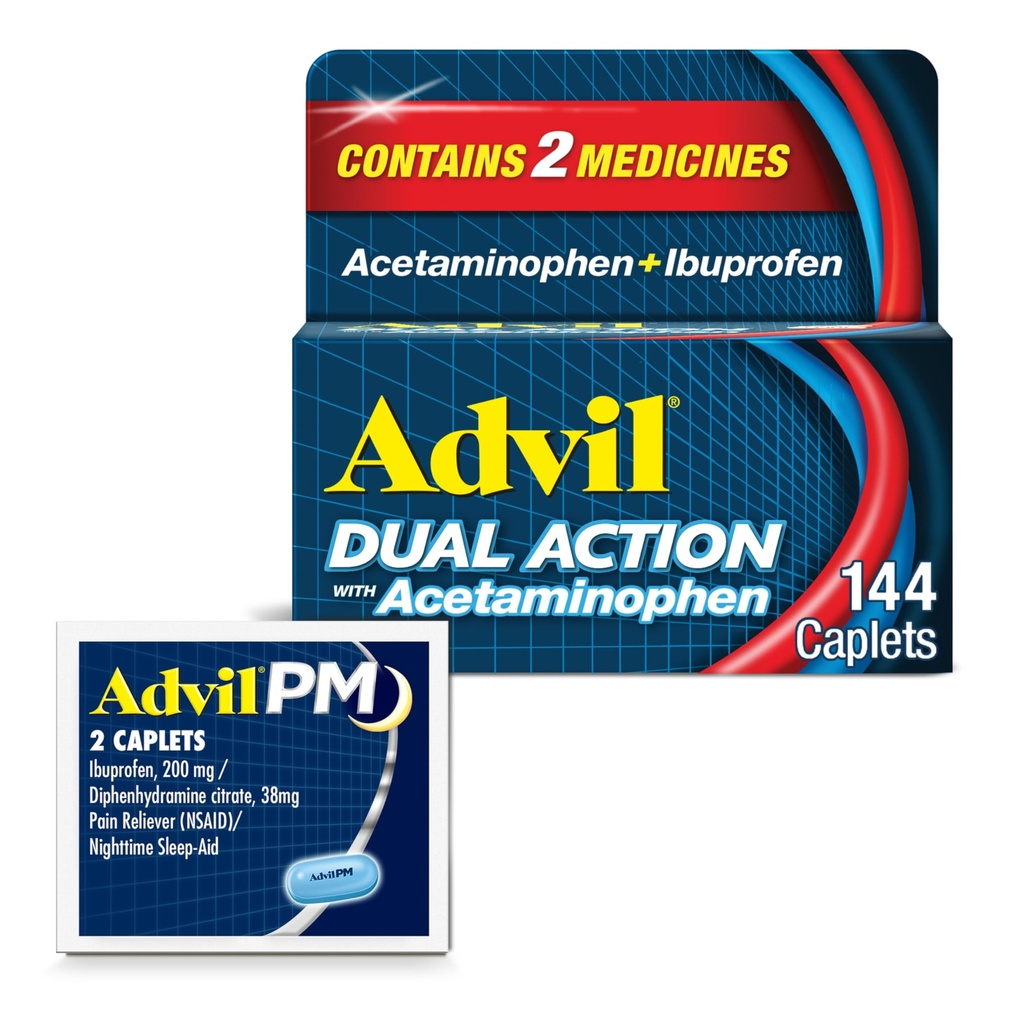 Advil Divējāda iedarbība ar acetaminofēns un Ibuprofēns (2 devas ekvivalents) 8 stundas sāpju atvieglojums, apvalkoti 144 Ct Caplets un 2 Ct paraugu Advil PM
