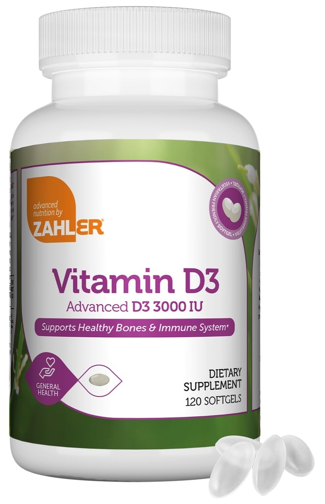 Zahler - Advanced vitamīns D3 3000 SV Softgels (120 grāfs) Košera Veģetārietis D vitamīns imūnās uzturvielas, kaulu, zobu un muskuļu veselība - D3 Vitamīnu papildinājums pieaugušajiem - Viegli norīt.