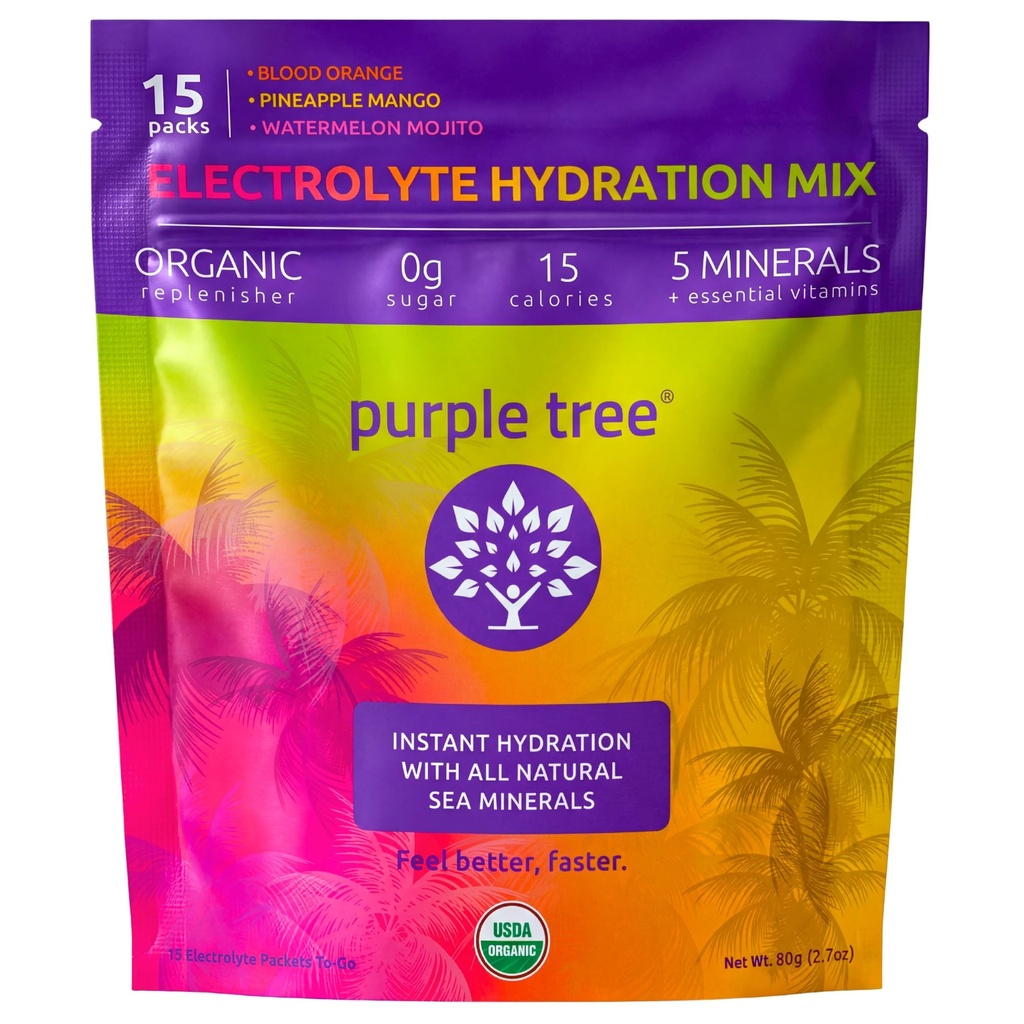 purpursarkano koku Organic Electrolyte hidrācijas paketes, Nulle Cukurs, Jūras sāļi, Daily IV Hidratēti iepakojumi ātrai rehidrācijai Relief - ūdens dzērienu maisījums, Variety Pack, 15 vienības