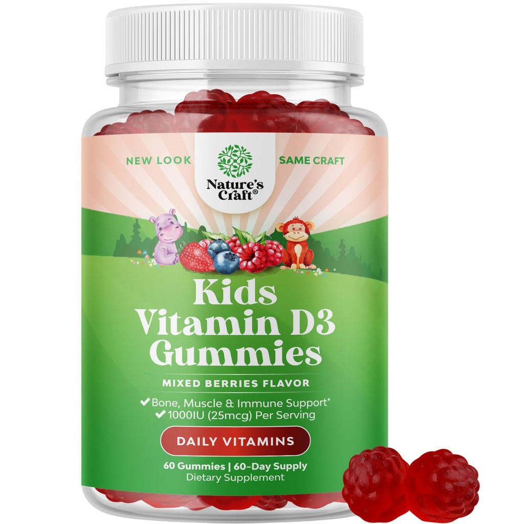 Košļājamie D vitamīns Gumijas bērniem - Delicious vitamīns D 1000 SV Per Servē - Toddlers Imūnsupport Gumies - Ogas aromatizēts papildinājums kaulu veselībai un muskuļiem - Želatīns bez 60 košļājamām rotaļlietām