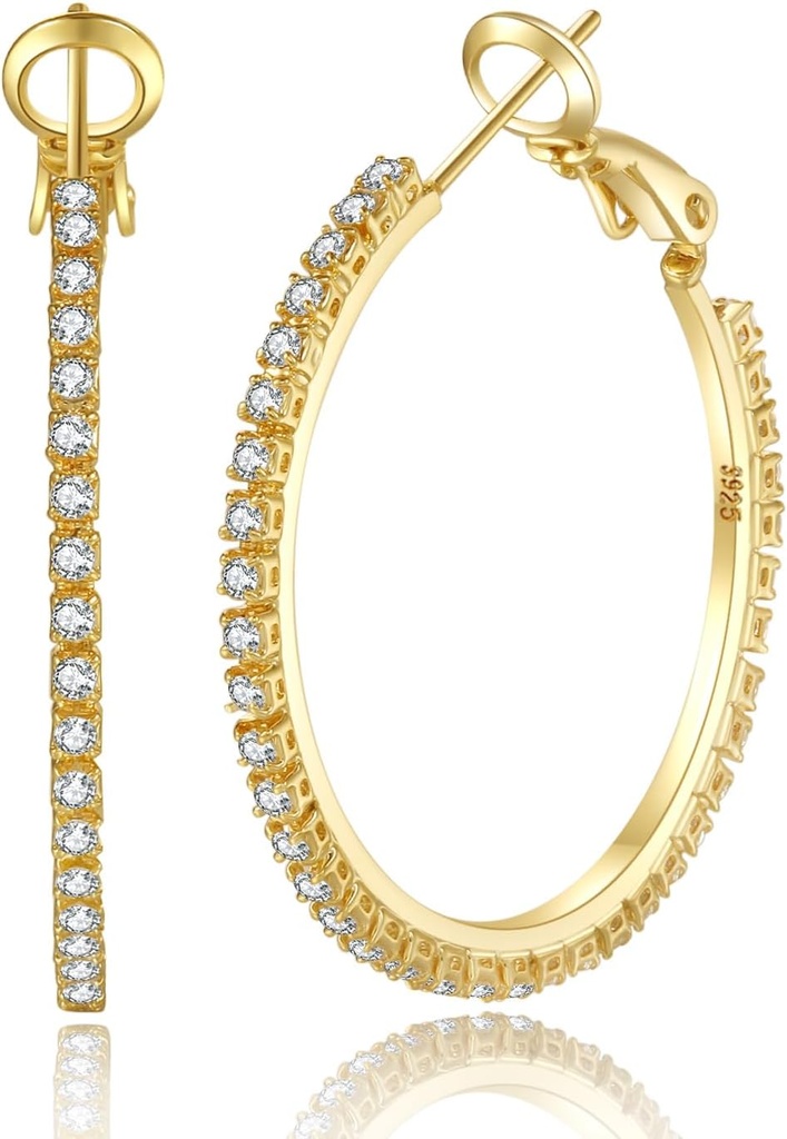 PABBEU 2mm 925 Sterling Silver Auskari Big Sterling Silver Hoop Auskari sievietēm Liels Reinas akmens Huop Auskari Plāns Hipoalerģisks Kubisks Cirkonia Auskari sievietēm 30/40/50/60/70mm