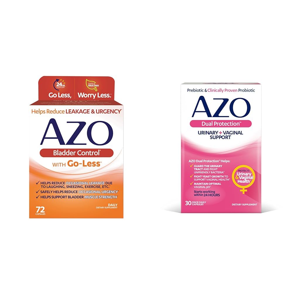 AZO urīnpūšļa kontrole ar Go-Less Daily Papildinājums ; palīdz samazināt neregulāru neatliekamību & divējādu aizsardzību  ; urīnpūšļa + maksts atbalsts *; Prebiotikas Plus Klīniski pierādīta sieviešu probiotika
