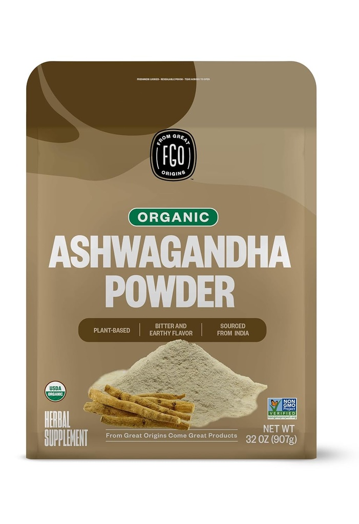 FGO Organic Ashwagandha Root Powder, 32oz Reselable Bulk Bag, Non-GMO, Indian Ginseng, Witania Somnifera, no Indijas (1. iepakojums)