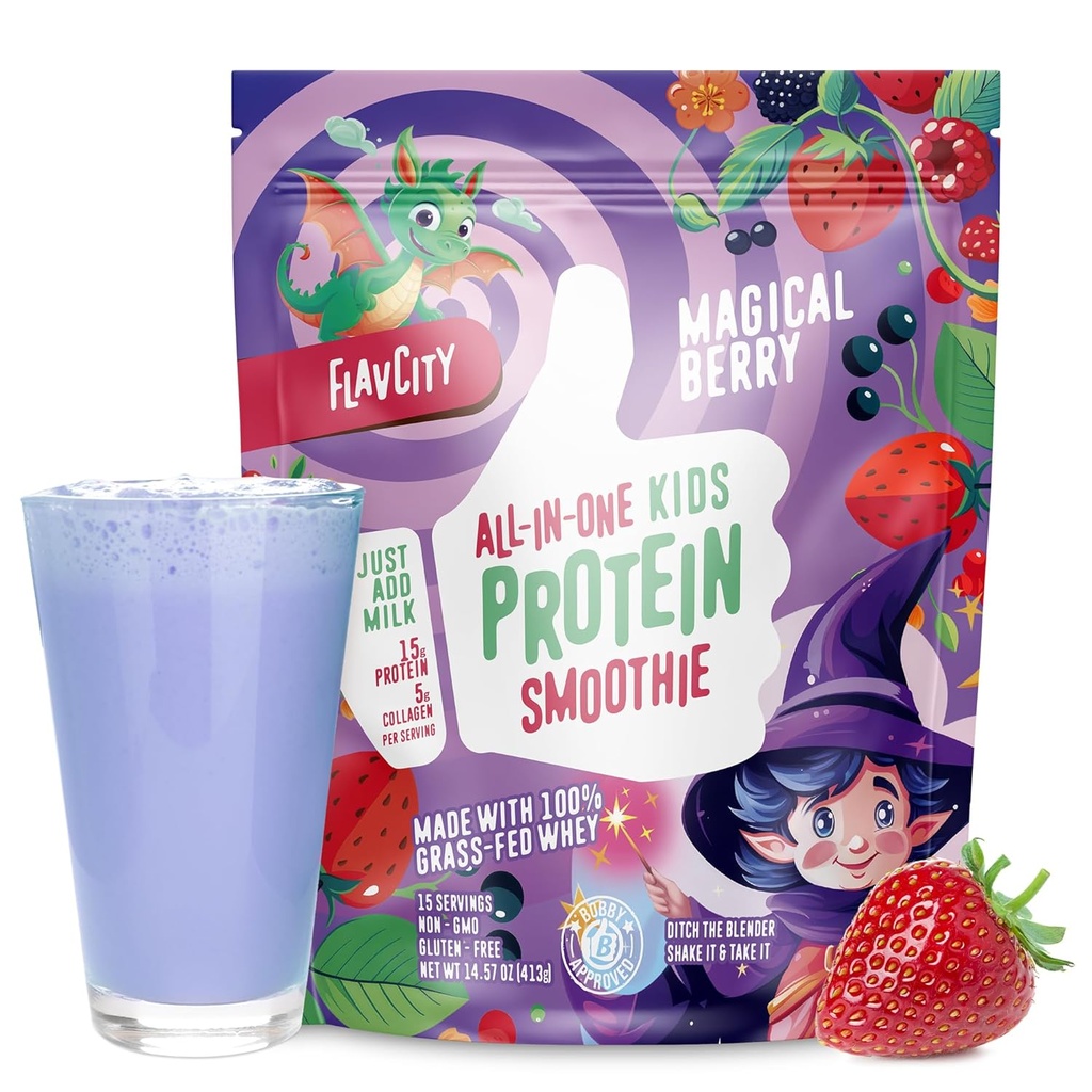 FlavCity All-in-one Protein Smoothie for Kids (Magical Berry) - Nedenaturēta zāles lopbarība un sūkalu proteīna pulveris ar 15g proteīnu un 5g kolagēns - bez lipekļa un ne-GMO - 15 Kalpo