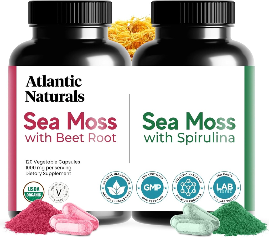 Atlantic Naturals Sea Moss Superfood Bundle - Jūras Moss ar biešu saknēm un spirulīna kapsulām - Aizsardzības atbalsts, Asins plūsma, Kopējā veselība un dzelzs - 240 Kapsulas (2 x 120 ct)
