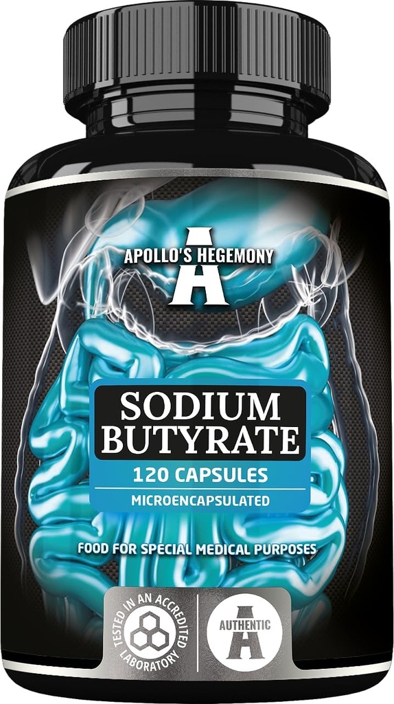 Nātrija butirāts Augsta deva 570 mg (30% sviestskābe), 120 Vegan kapsulas, 4 mēnešu piegādes, Nātrija papildinājums atbalstam Zarnu Barjeras reģenerācija un pārmērīga Gut veselība - ar Apollo hegemoniju