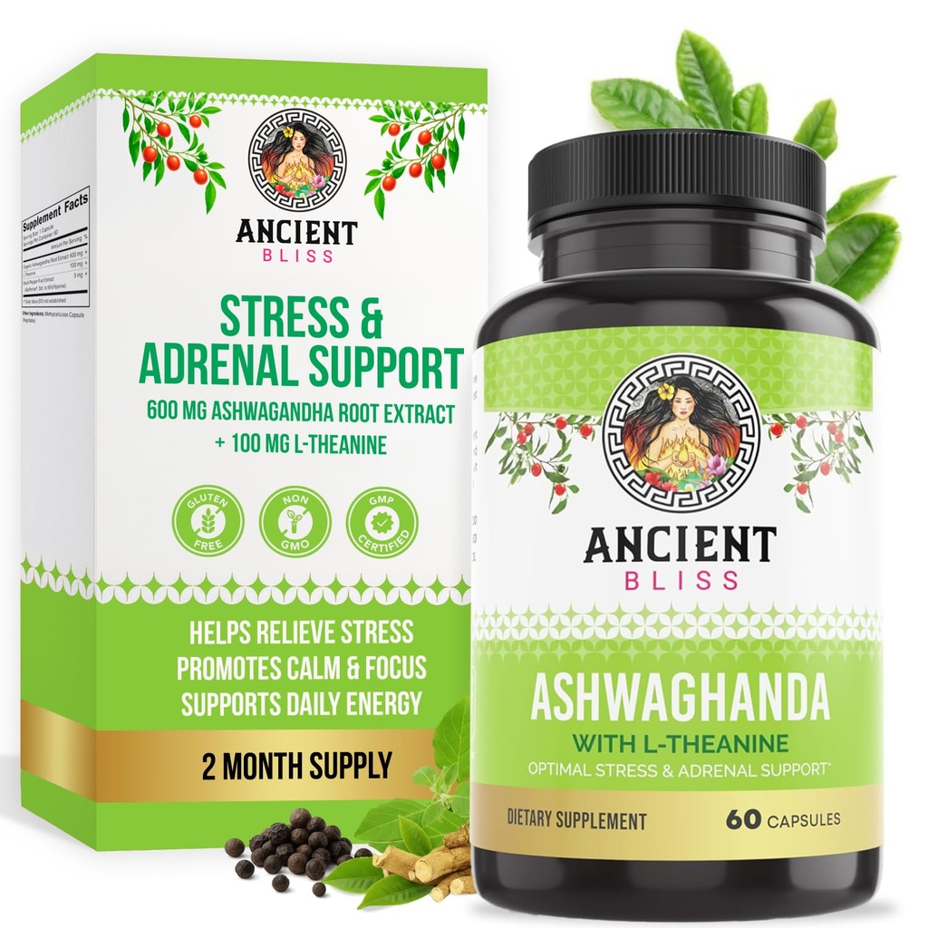 Ancient Bliss Ashwagandha with L-Teanine & Black Pepper Extract Capsules, Energy & Natural Mood Support Papildinājums, Focus Papildinājums pieaugušajiem