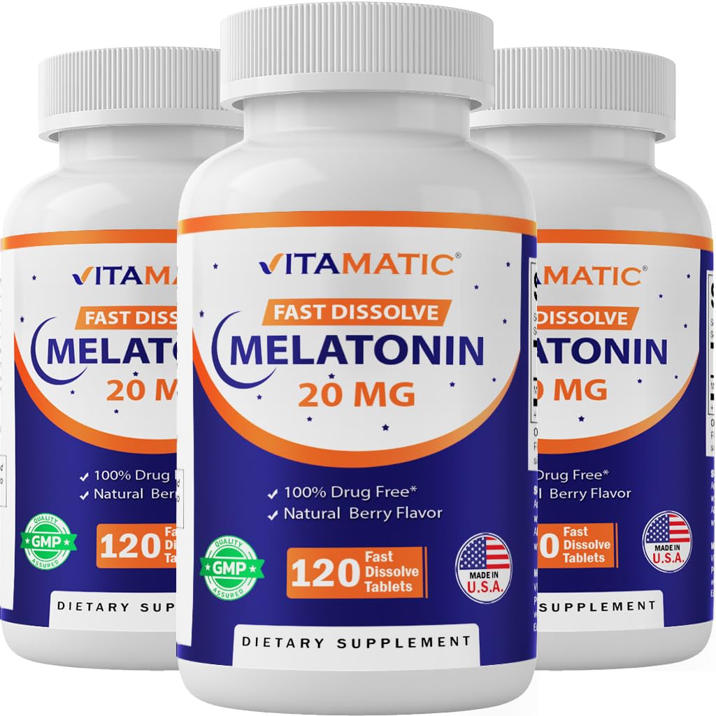 Vitamātiskais melatonīns 20 mg tabletes; veģetārs, ne-GMO, bez lipekļa;    ) bez AUGSTĀS ZĀLES 20 MG; ) dabīgs ogu Flavors (1/2 tabletes = melatonīns 10 mg) (120 tabletes (3. iepakojumā)