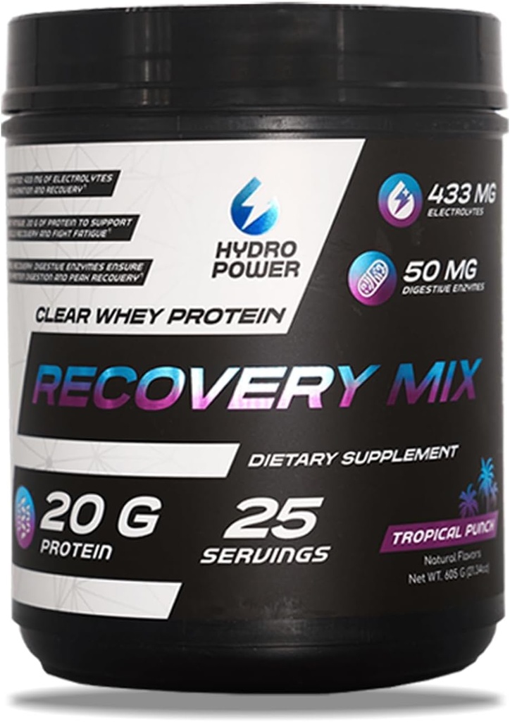 Hydro Power Clear Whey Protein Recovery Mix - Tropic Punch Flavor - 433mg Elektrolīti & 20g Olbaltumvielas - Degvielas darbība un atgūšana - Diētiskā papildinājums vīriešiem un sievietēm - 25 Kalpo