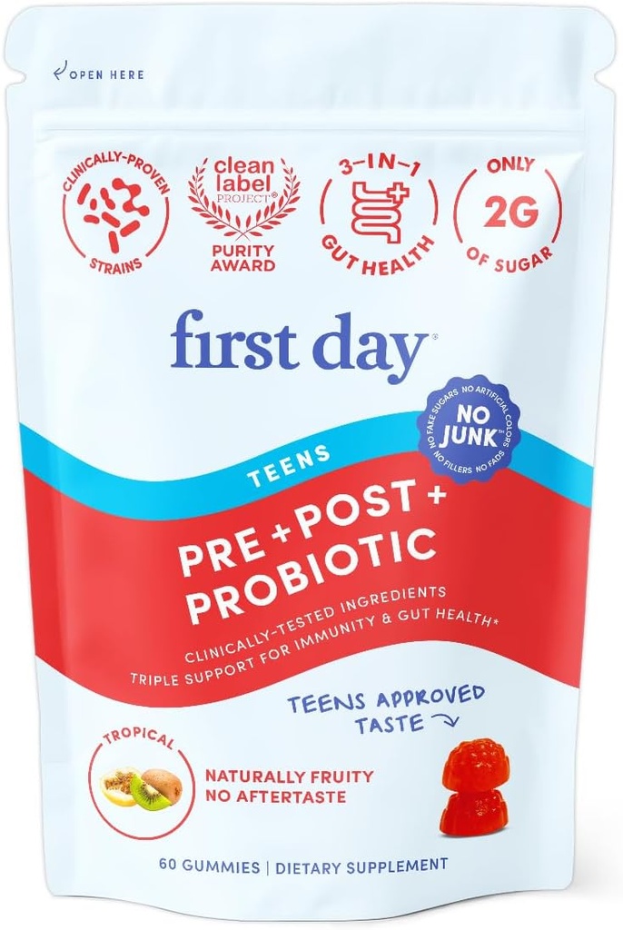 Pirmdiena Pusaudžu Gut Susteiner Tribiotic Gumies – 3-in-1 Prebiotikas, probiotikas un postbiotikas papildinājums – Atbalsta Gremošanas, Ādas, Mutes un imūnās veselības, uzturvielu Absorbcija un augšana – 30 dienu piegādes