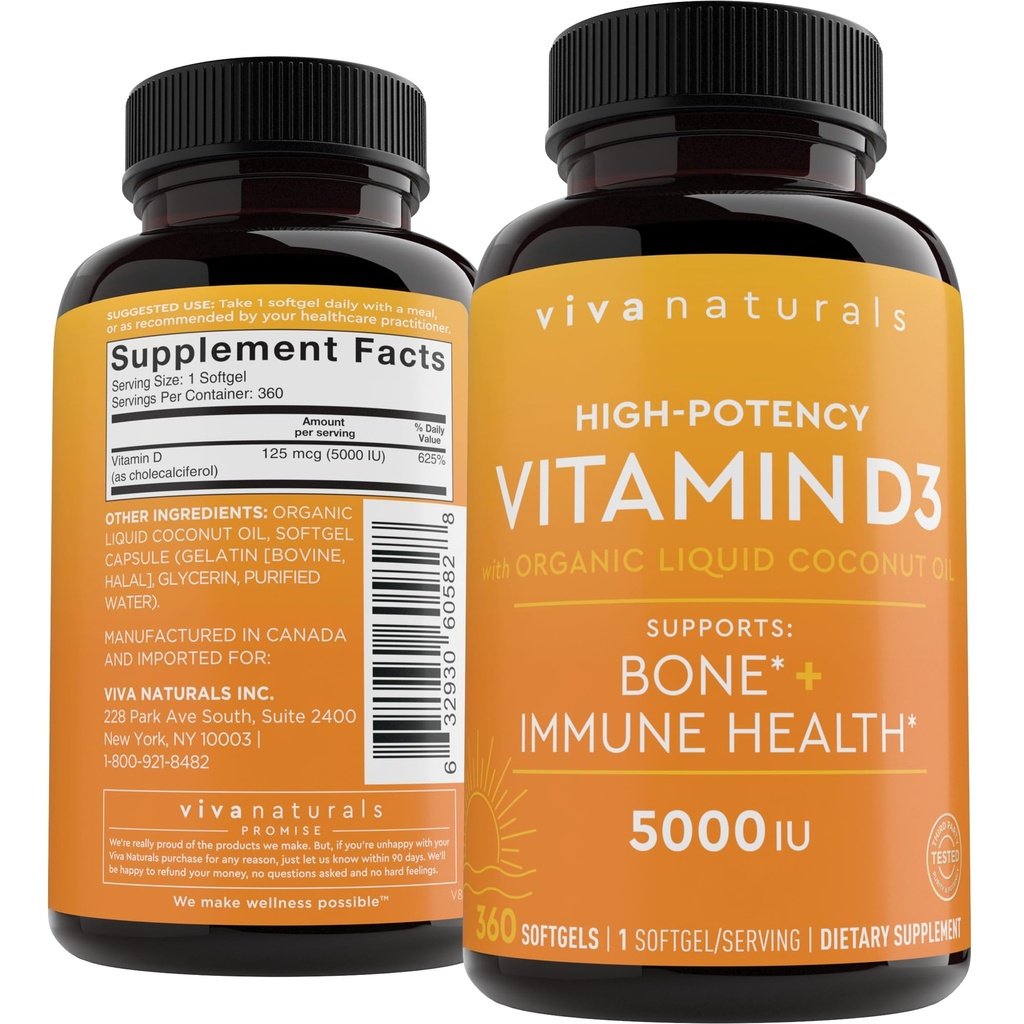 Viva Naturals D3 vitamīns 5000 SV Softgels, 360 skaits (125 μg), atbalsta kaulu un imūno veselību, augstu potenci D vitamīns