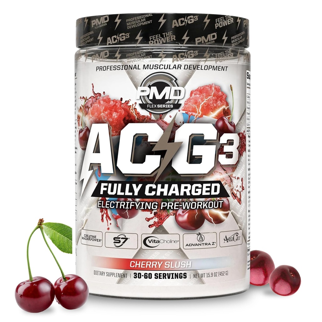 PMD Sports ACG3 Pilnībā uzlādēts - elektrificējošs pirms Workout pulveris - Augsta enerģija & sūknis Pre Workout vīriešiem un sievietēm, lai maksimizētu fokusu, izturību un veiktspēju - Ķiršu slušas (30-60 Kalpo)