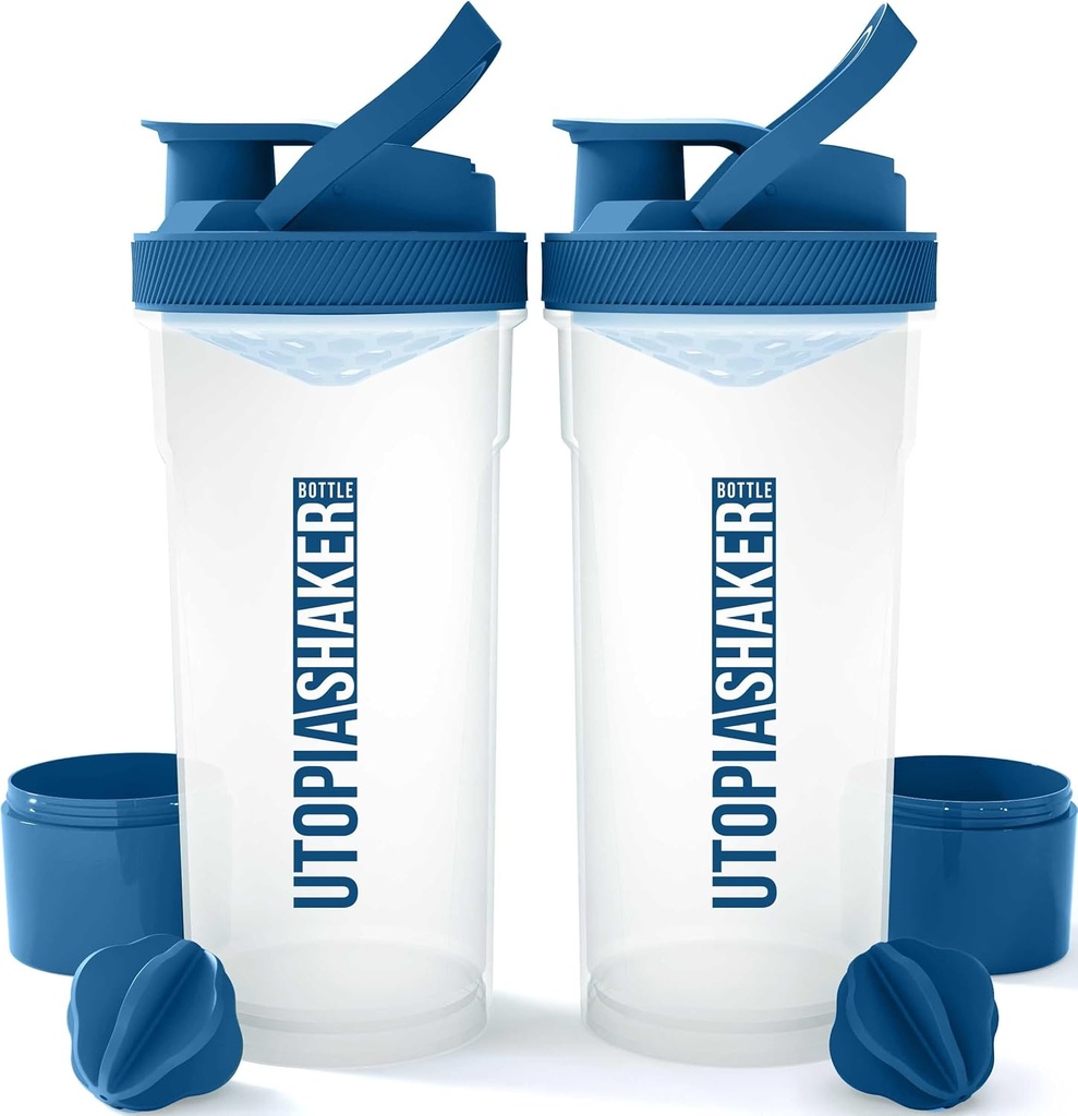Utopia Home Shaker Pudele 2 Pack - 24 Ounce Plastic Protein vai Cocktail Shaker Pudele pirms un pēc treniņa ar Twist & Lock Olbaltumvielu kastes uzglabāšana (Clear / Navy)
