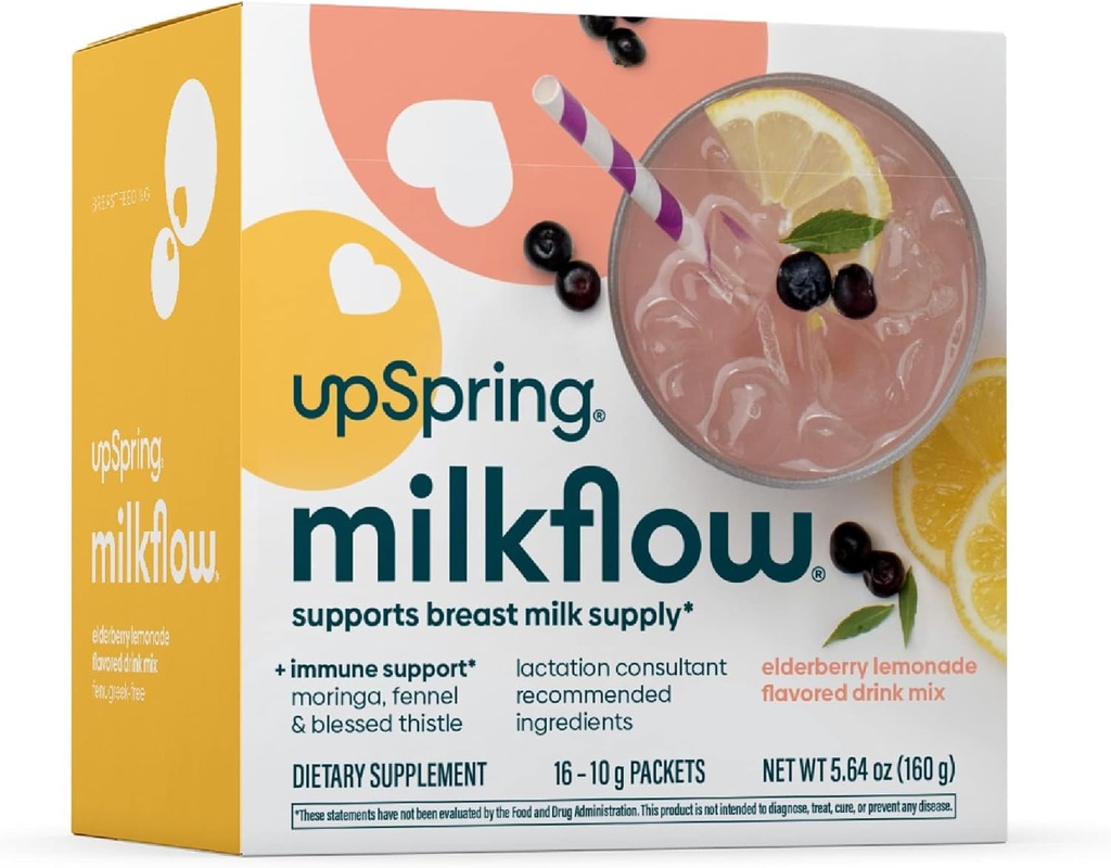 UpSpring Milkflow Imūns atbalsts Zīdīšanas Papildinājums Dzēriens Mix Grieķu-free, Moringa Elderberberry Lemonade Flavor, Zīdīšanas Papildinājums Atbalsts Krūts Piena Piedāvājums, 16 Maisījumi