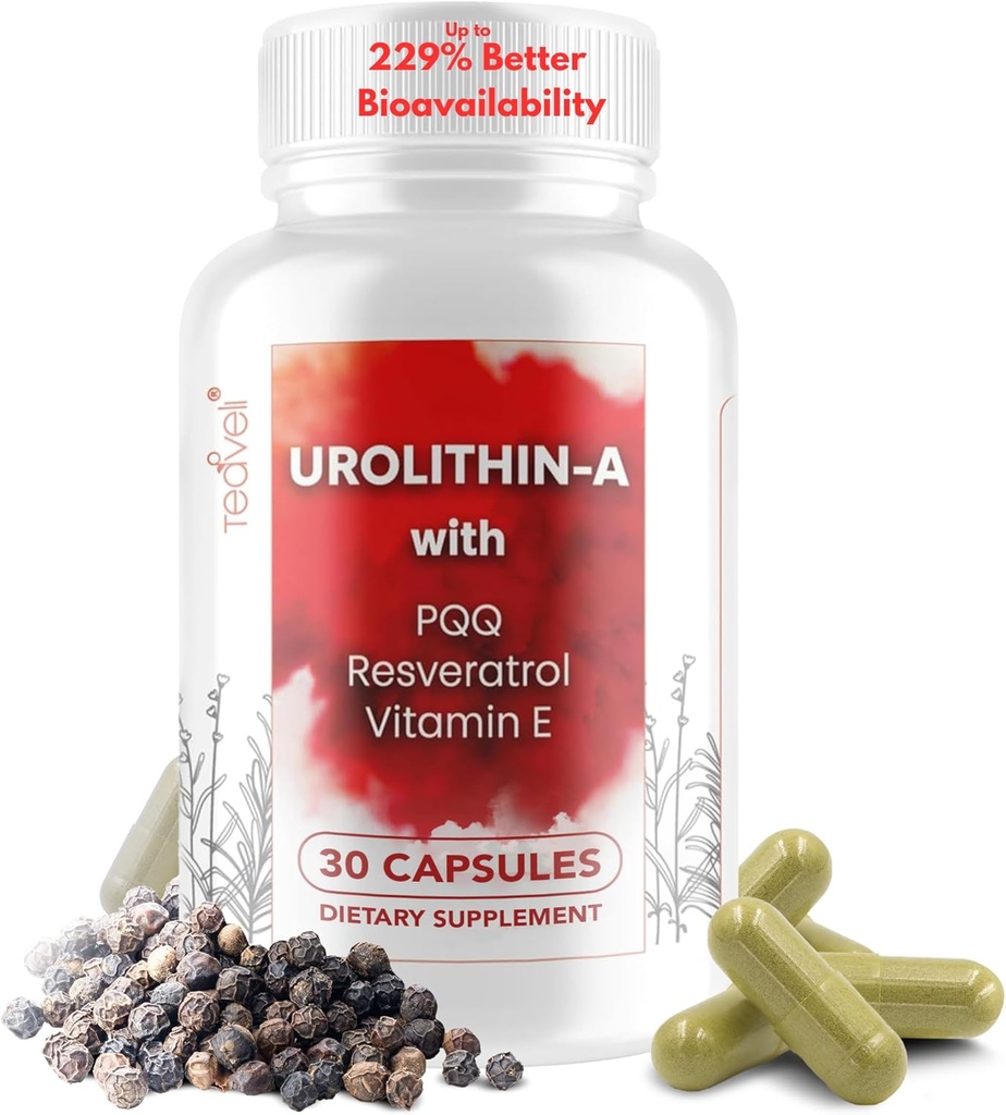 Advanced Urolithin A (15 Servings) & Cilmes šūnu papildinājums ar 500mg Urolithin A, Resveratrol, PQQ, E vitamīns & Bioperīns – Atbalsta NAD+, Mitochondria, Muskuļu veselība, Veselīgas šūnas un enerģijas līmeņi