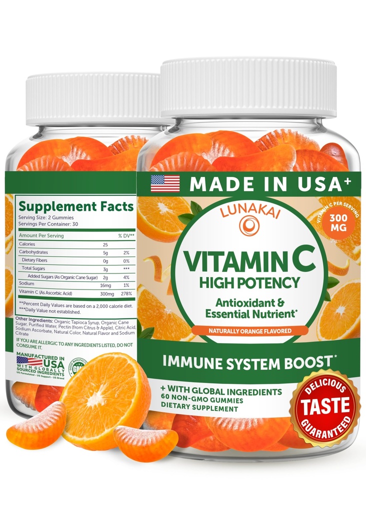 Lunakai ASV izgatavoti augstas pakāpes vitamīnu C Gumijas pieaugušajiem un bērniem - 300mg Imūnsupport - Non-GMO, Vegan, Delicious Orange Flavor, 60ct