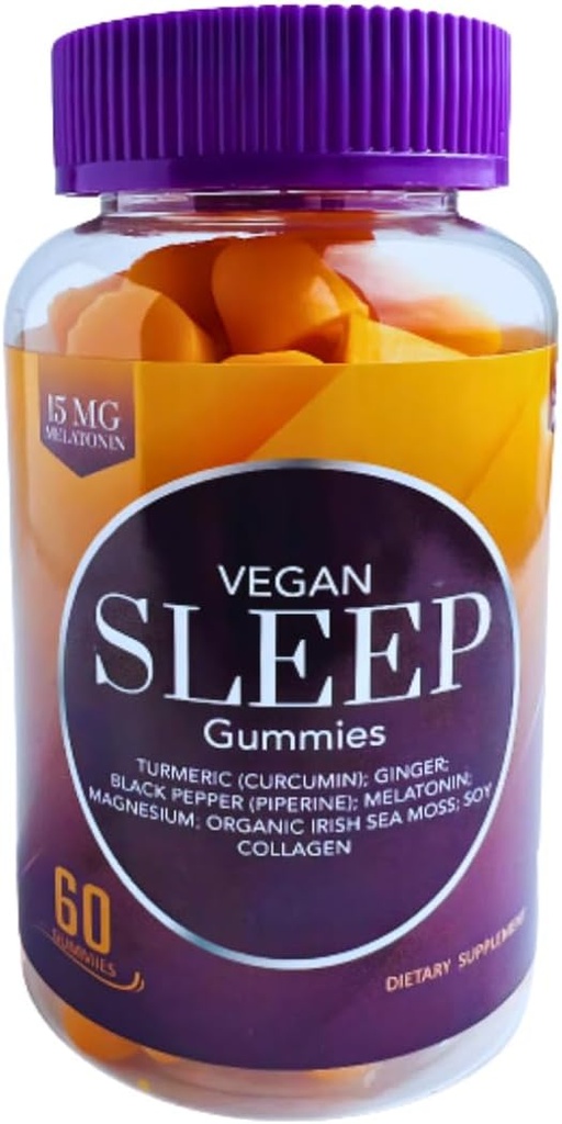 Vegan Miega Gumijas pieaugušajiem – Bio-Sleep FusionTM ar Melatonīnu, Magniju, Turmeriku, Gingeru, Sea Moss & Collagen – Dabisks Miega atbalsts, Stresa mazināšana, Atsvaidzināšana – 60 grāvji
