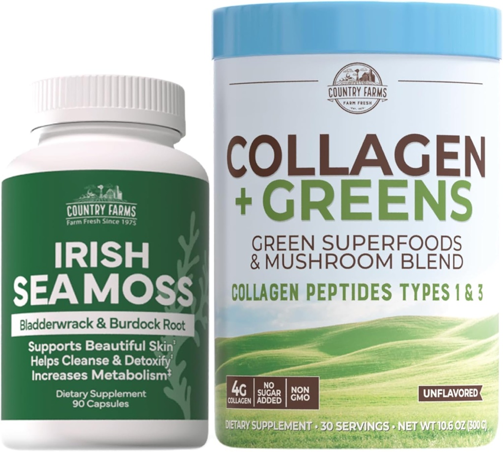 Lauku saimniecības “Skaistais iepakojums kolagēns + Greens Irish Sea Moss, kolagēns ādai, matu augšanai, naglām un locītavām, Ultimate Beauty Support Gift, Pack of 2