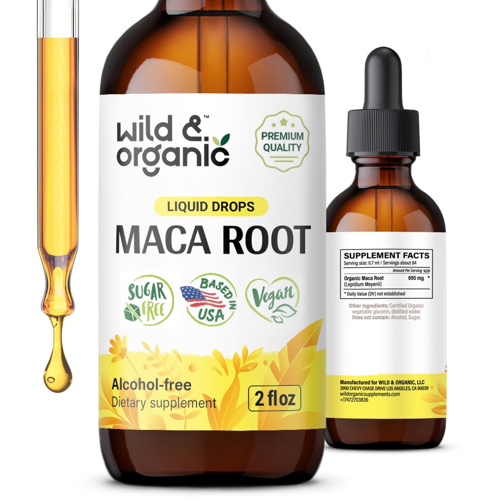 Savvaļas un bioloģiskie maka saknes pilieni sievietēm un vīriešiem - koks, fokuss, aktīvs dzīvesveids - Peru Maka papildinājums - vegans, cukurs un bezalkohola Tincture - 2 fl oz