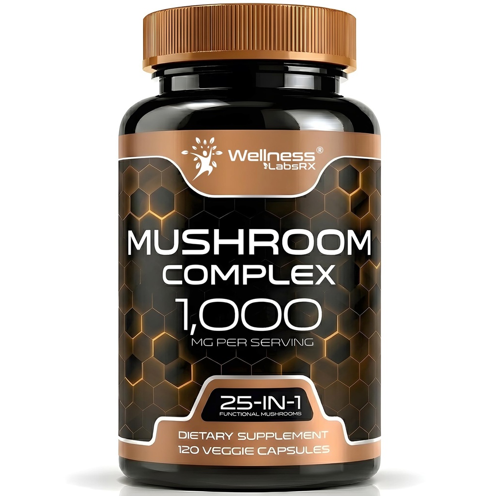 WELLESS LABSRX Sēņu piedevas Kapsulas 10:1 ekstrakts, sēņu komplekss Kapsulas 1000mg, Lions Mane Papildinājums ar Turciju Aste, Cordyceps, Reishi - 120 Count