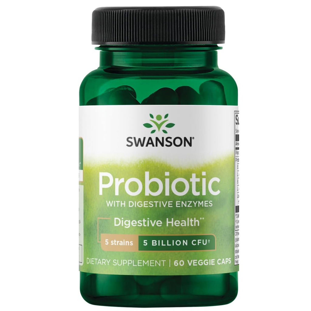 Swanson Probiotika ar gremošanas enzīmiem 5 miljardi Cfu 60 Veg kapsulas