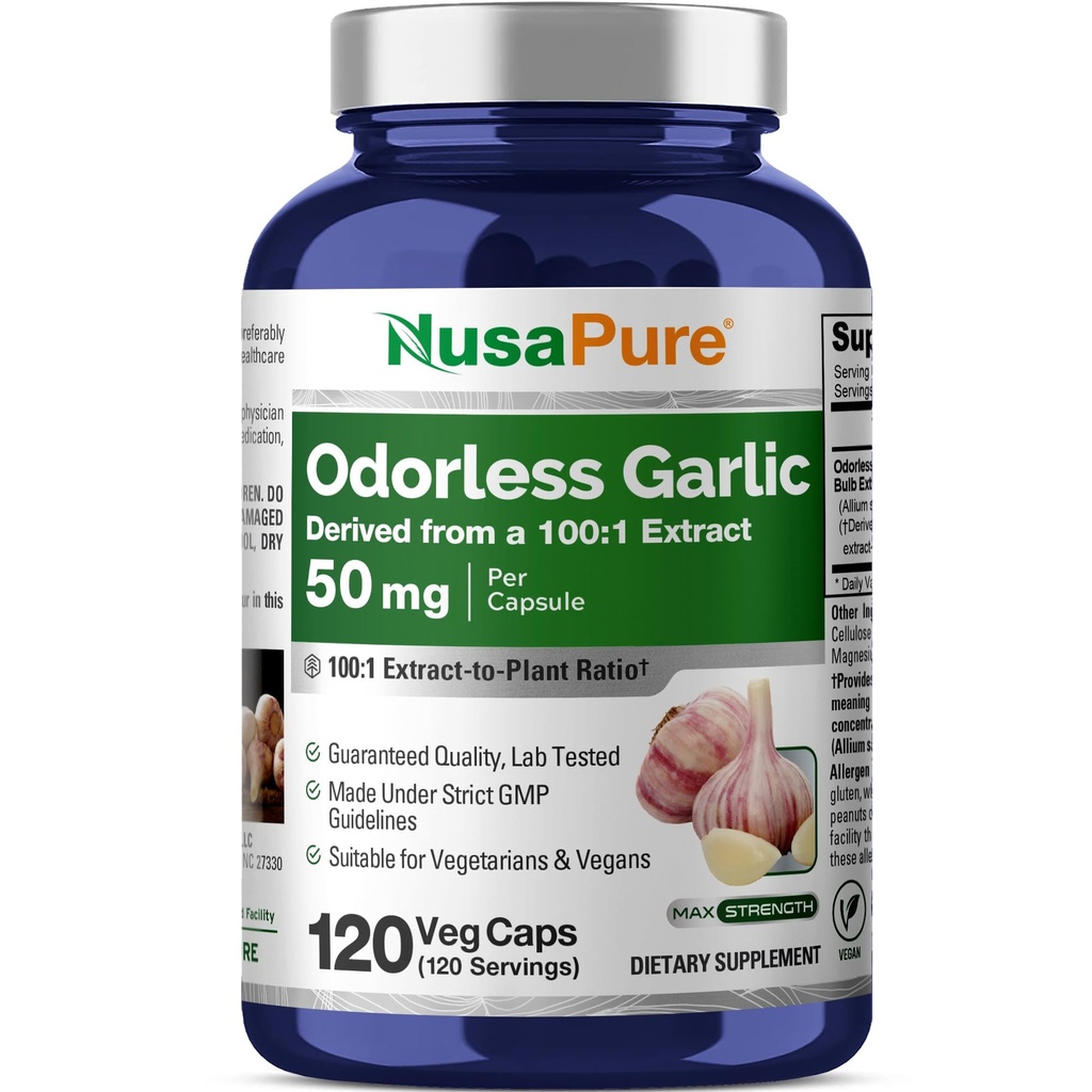 NusaPure Odorless Ķiploki 100:1 Ekstrakts, 50 mg Ekvivalents 5000 mg Kapsulām - 120 Veggie Caps - Augsta potence - Augu papildinājums - Ne-ĢMO