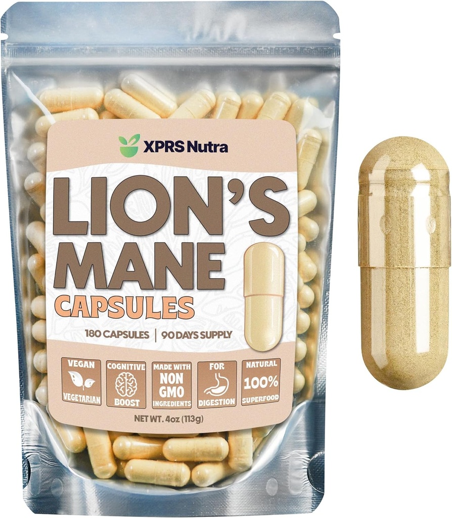 XPRS Nutra Organic Lions Mane papildkapsulas - 180 skaitīšanas (90 dienu piegādes) Premium Lion's Mane Sēnes Kapsulas Garīgās skaidrības, izziņas un Imunity Lauvas Mane pulvera kapsulas