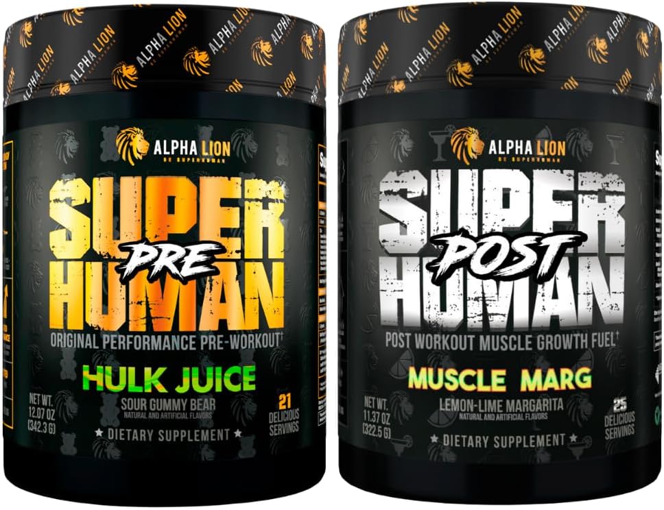 ALPHA LION Superhuman Pre Workout Pulveris un post Workout Recovery Bandle, ilgstoša enerģija un Focus + Lean Muskuļu augšanu, spēks un apjoms (Hulk Juice un muskuļu Marg
