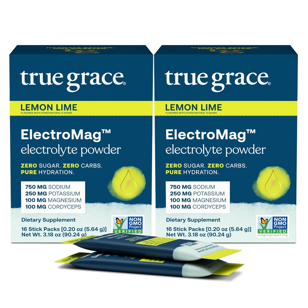 True Grace ElectroMag - 16 Stick iepakojumi (iepakojums no 2) - Citrons Laima - Elektrolītu Pulveris ātrai hidrācijai - Nātrijs, Kālijs, Magnijs & Cordyceps - Nulle Cukurs & Karbs - Ne-GMO - 32 Kopējais Kalpojumi