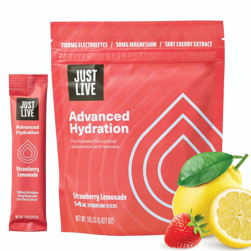 Tikai Live Advanced hidratācija - zemeņu citronāde, elektrolītu dzērienu maisījums, Tart ķiršu ekstrakts, atbalsta atgūšana un absorbcija, zems cukura līmenis, 14 iepakojumā