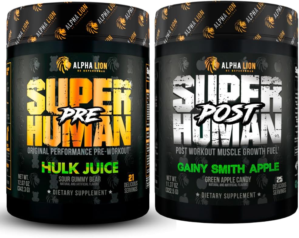 ALPHA LION Superhuman pre Workout pulveris un post Workout Recovery Bandle, ilgstoša enerģija un Focus + Lean Muskuļu augšanu, stiprums un apjoms (Hulk Juice un Gainy Smith Apple)